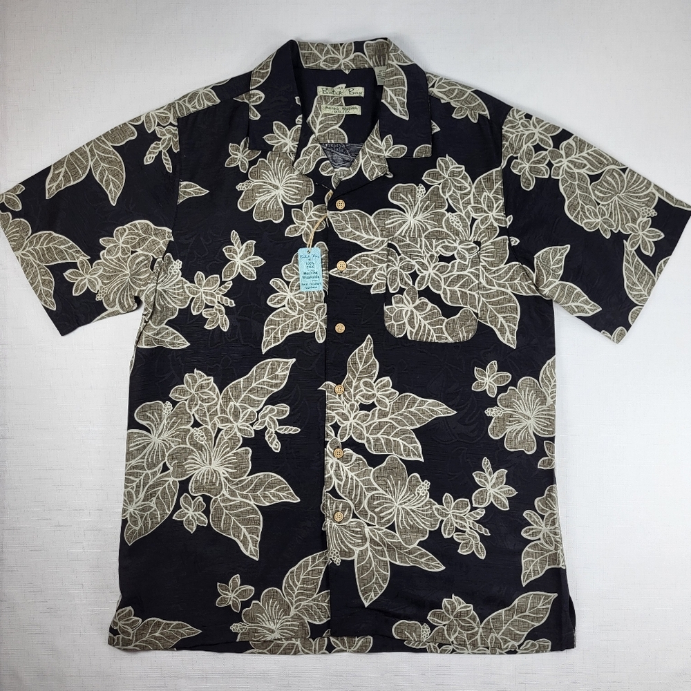 Batik Bay Silk Hawaiian SHIRT Mens Size M Floral S/S Black Tan Aloha NWT NEW